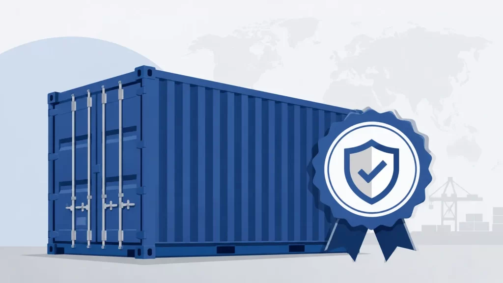 a shipping container with a certified seal/badge icon attached to it, symbolising accreditation and trust