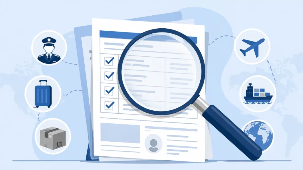 large magnifying glass hovering over a stack of official-looking forms with checkmarks and small icons