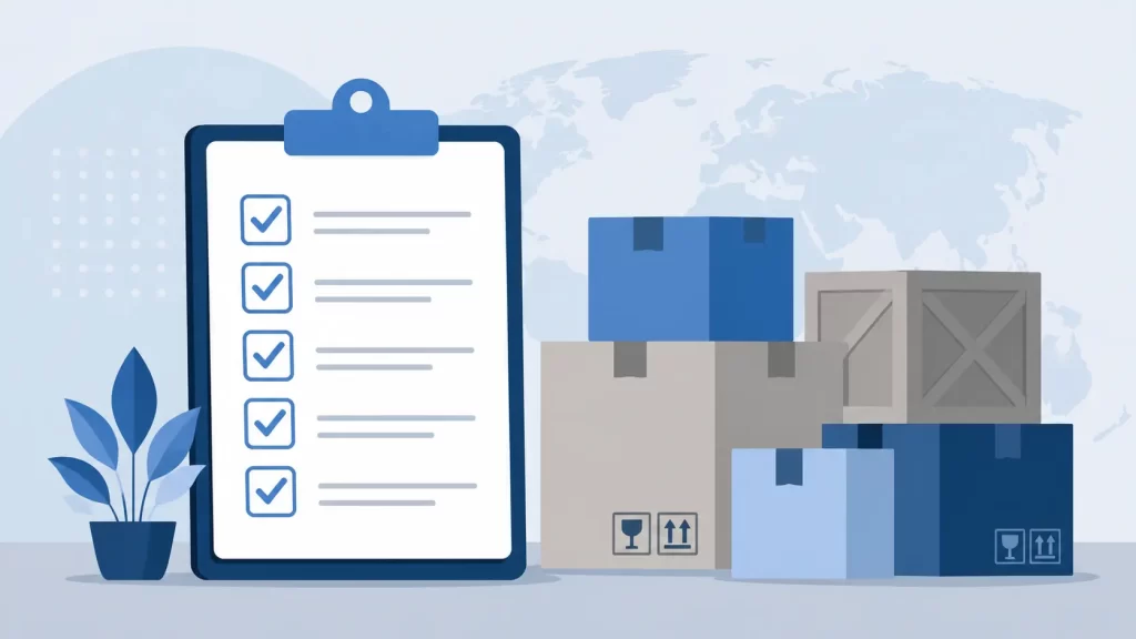a clipboard with a checklist next to neatly stacked cardboard boxes/crates
