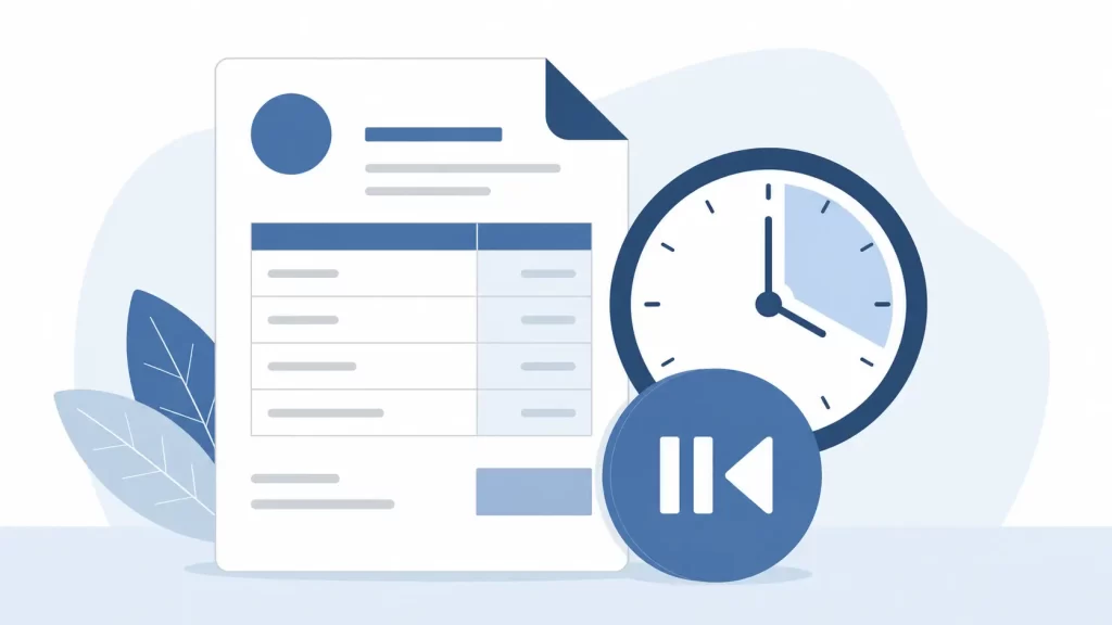 tax document with a clock and a pause/rewind icon overlapping it, symbolizing deferred payment