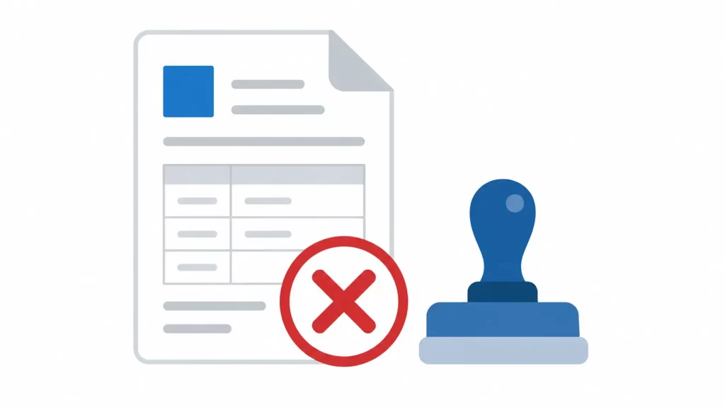 Illustration of a customs declaration form with a rejection stamp, representing customs declarations being rejected in 2026