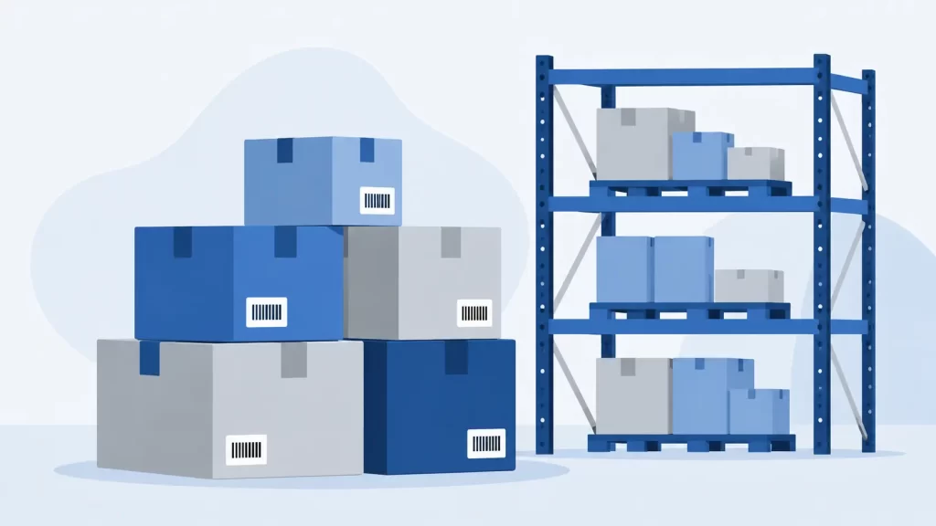Illustration of parcel boxes and warehouse shelving, representing Amazon FBA import and customs clearance for UK e-commerce sellers