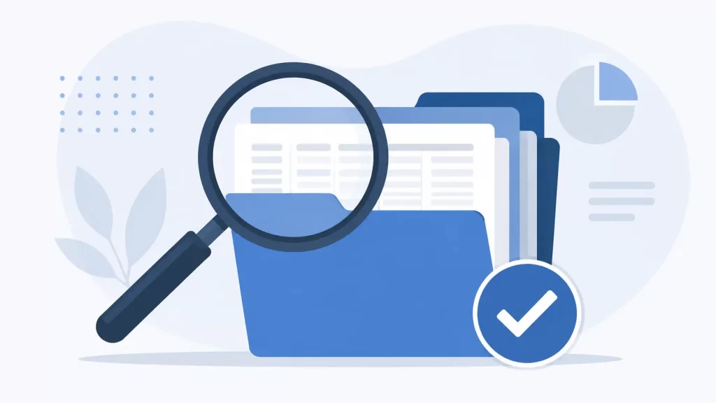 Illustration of a magnifying glass reviewing filing folders, representing preparation for a UK customs audit