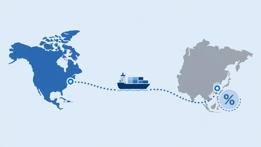 Illustration of a shipping route between the UK and India with reduced tariff symbol, representing the UK-India trade deal