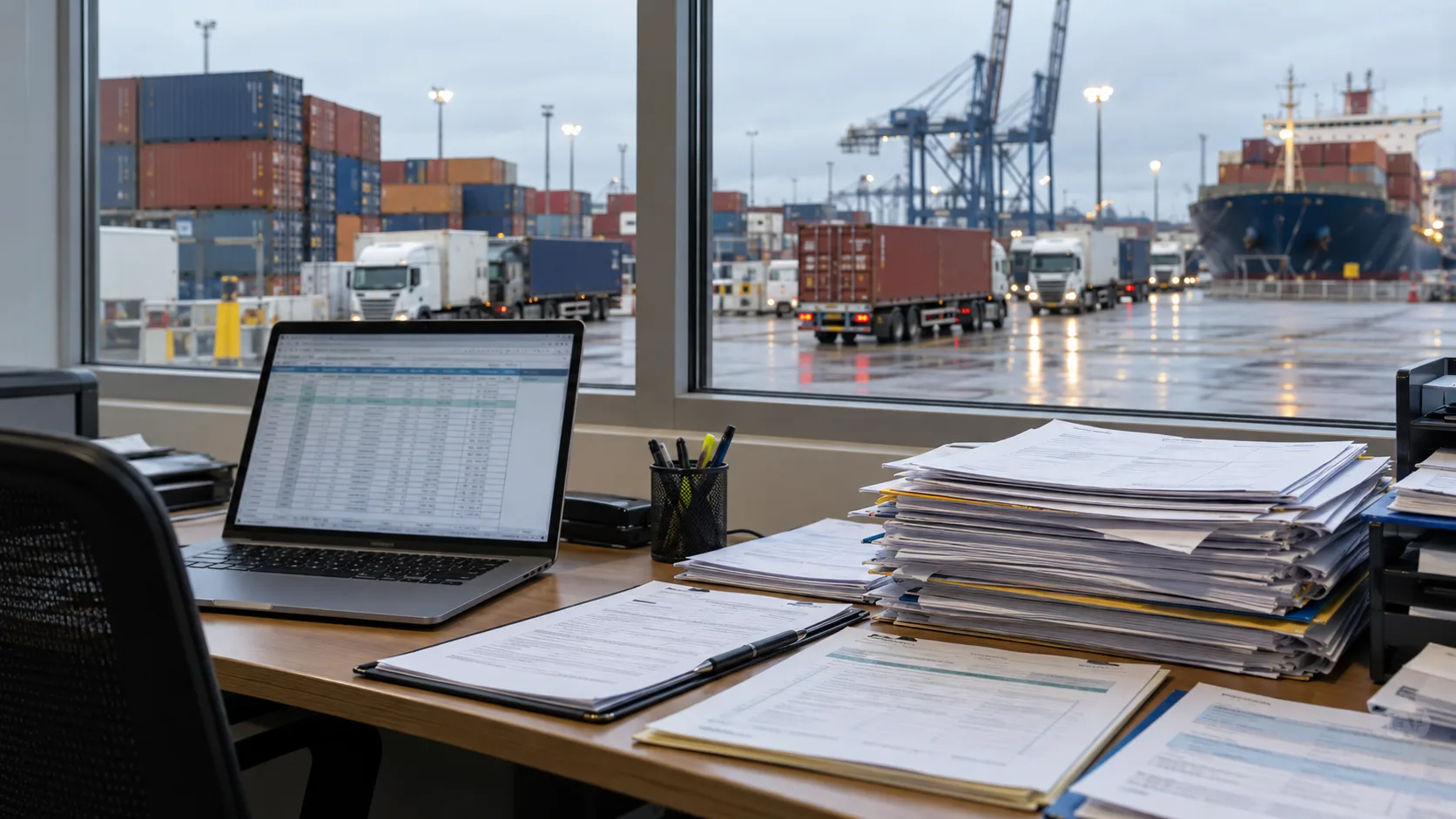 Customs broker's desk in a UK port office with a laptop showing a spreadsheet