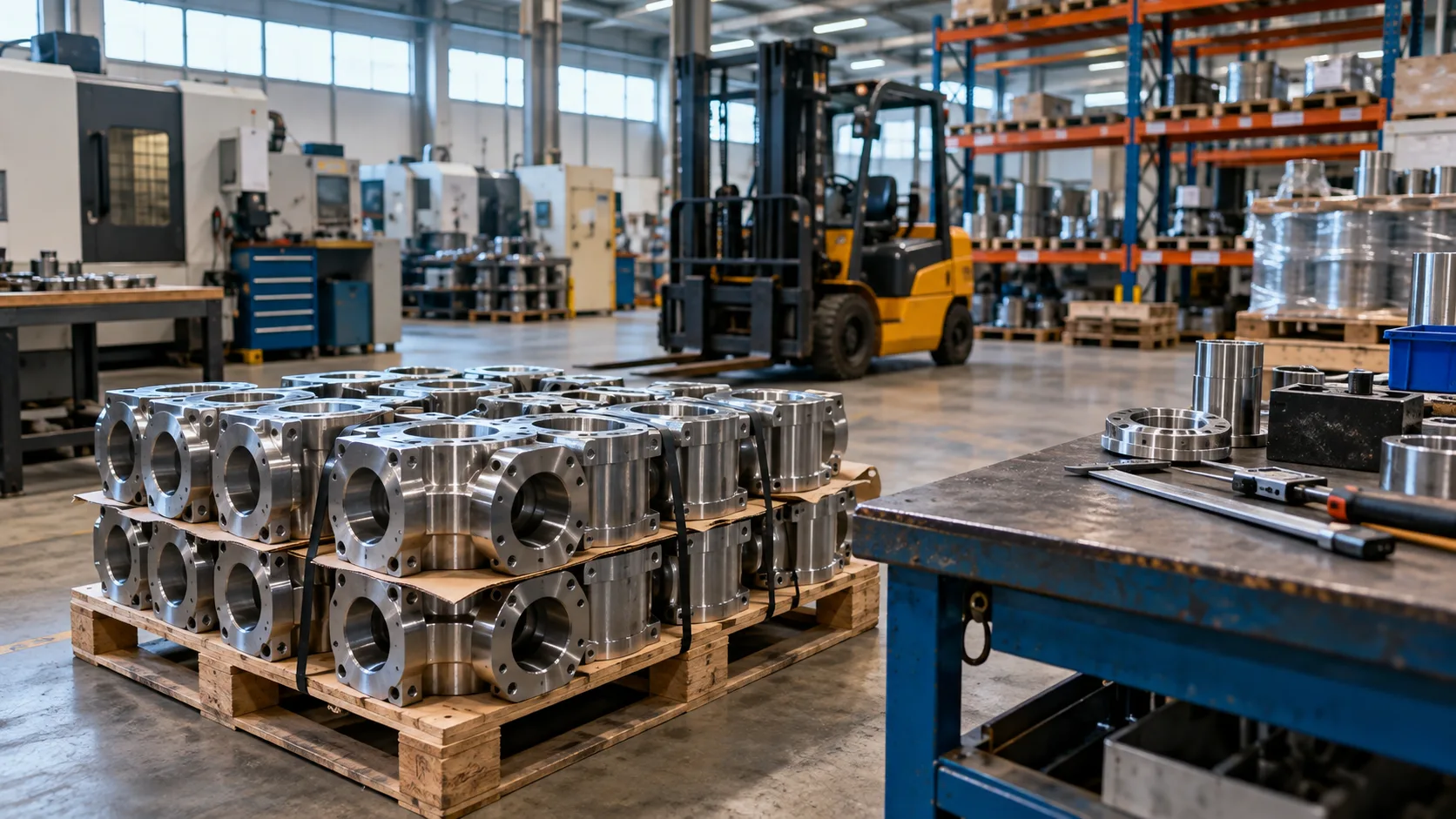 Imported metal components on a pallet beside a workbench in a UK manufacturing unit, a forklift and racking in the background