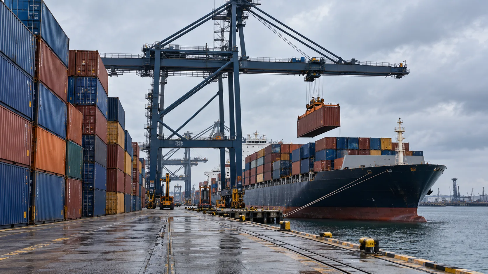 Stacked shipping containers at a UK container port on an overcast autumn day, a gantry crane lifting a container onto a vessel